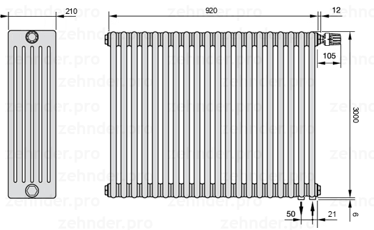 Схема (чертеж) Радиатор Zehnder Charleston 6300/20 №V002 Белый глянцевый RAL 9016